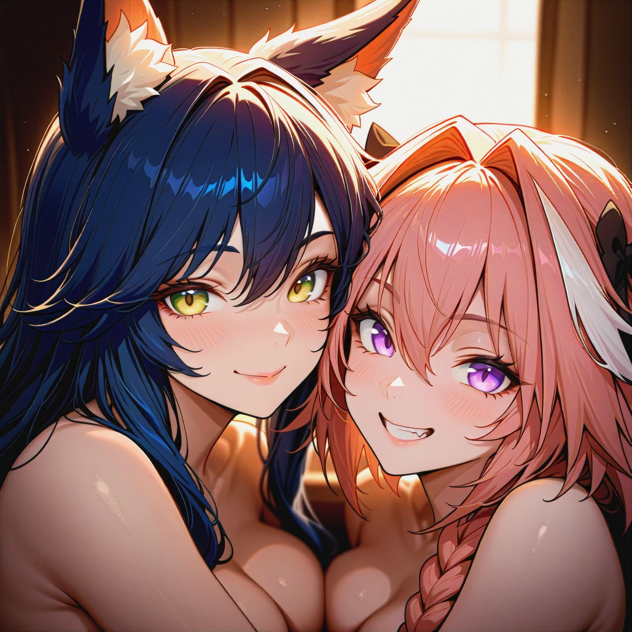 @ahri and @felix_argyle and @astolfo (futanari) (smile) they are cuddling together face to face looking to the screen