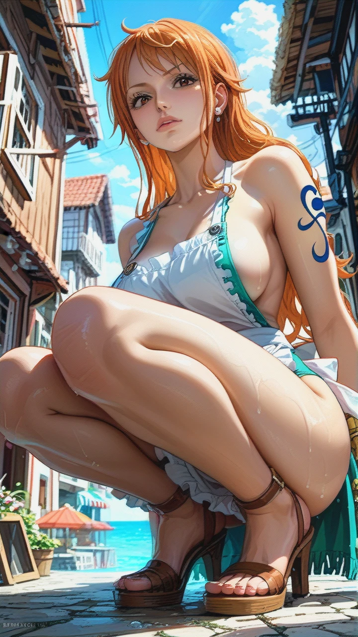 @nami  wearing only a white apron nude underneath, facing forward, (squatting) no underwear