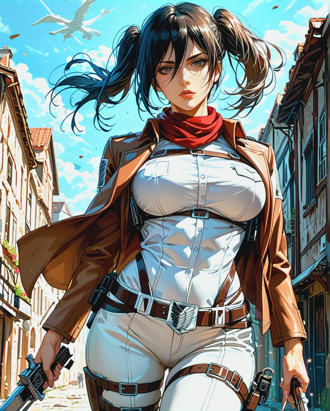 mikasa ackerman, mature, attack on Titan ,sexy clothes,twintails hairstyle