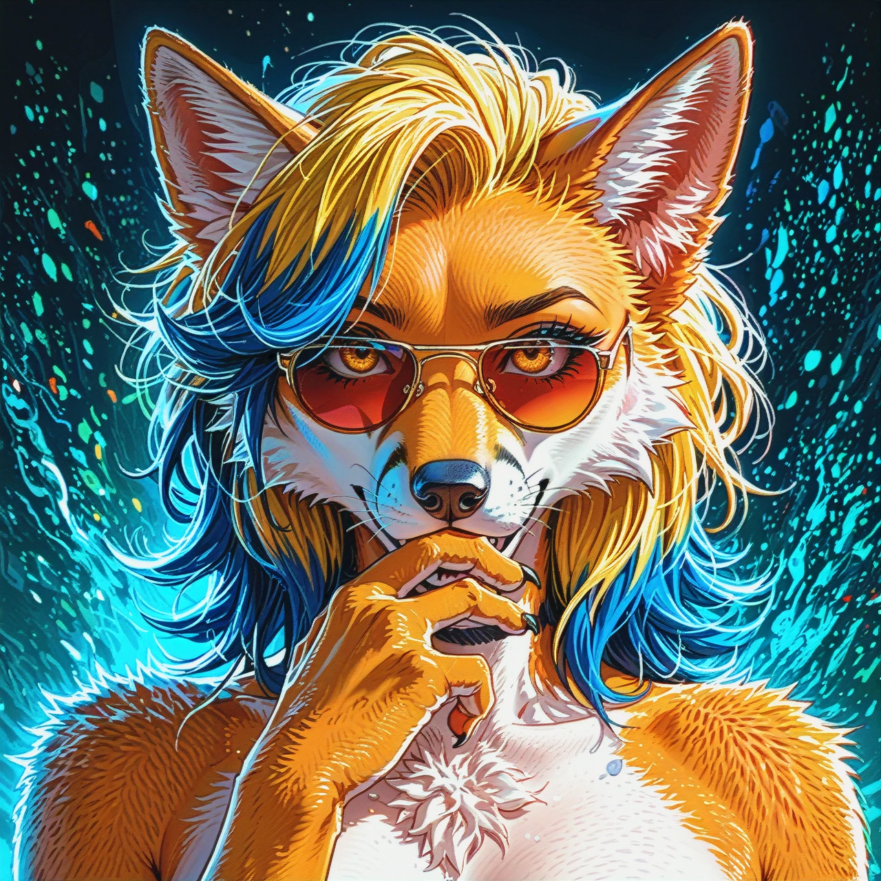 A stylized anthropomorphic fox girl,  with vibrant, almost hyperrealistic fur, wearing sunglasses.  The fox has blonde hair, bright golden eyes, and a mischievous expression.  The fur is a mix of warm orange and tawny tones, detailed with highlights suggesting light reflecting off the fur.  The sunglasses have a teal and lavender gradient. Her pose is slightly suggestive, hand near her mouth, subtle details in fur shading highlight the fox's body structure. The background is a circular spectrum of colors fading from red to orange, yellow, green, blue and indigo, forming concentric rings with a dark background.  The composition is similar to a stylized anime or digital illustration, focused on character design and dynamic posing, with bold highlights and shadows.   Impressionistic brushwork is blended with detailed depiction of fur and facial features.furry