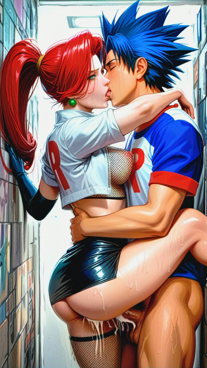 @jessie, team rocket costume, (covered_nipples), fishnet, black microskirt, android 18, (sex), (cum), long black gloves, (groping), fucked from behind by @ash_ketchum, (fucked_silly), sweaty body, (bent_over), @james, @ino_yamanaka, (arms_around_neck), (anal), (double_penetration), (double_anal), lifte, (kissing_neck), (leg_lift) against wall, bedroom, (cross-section)