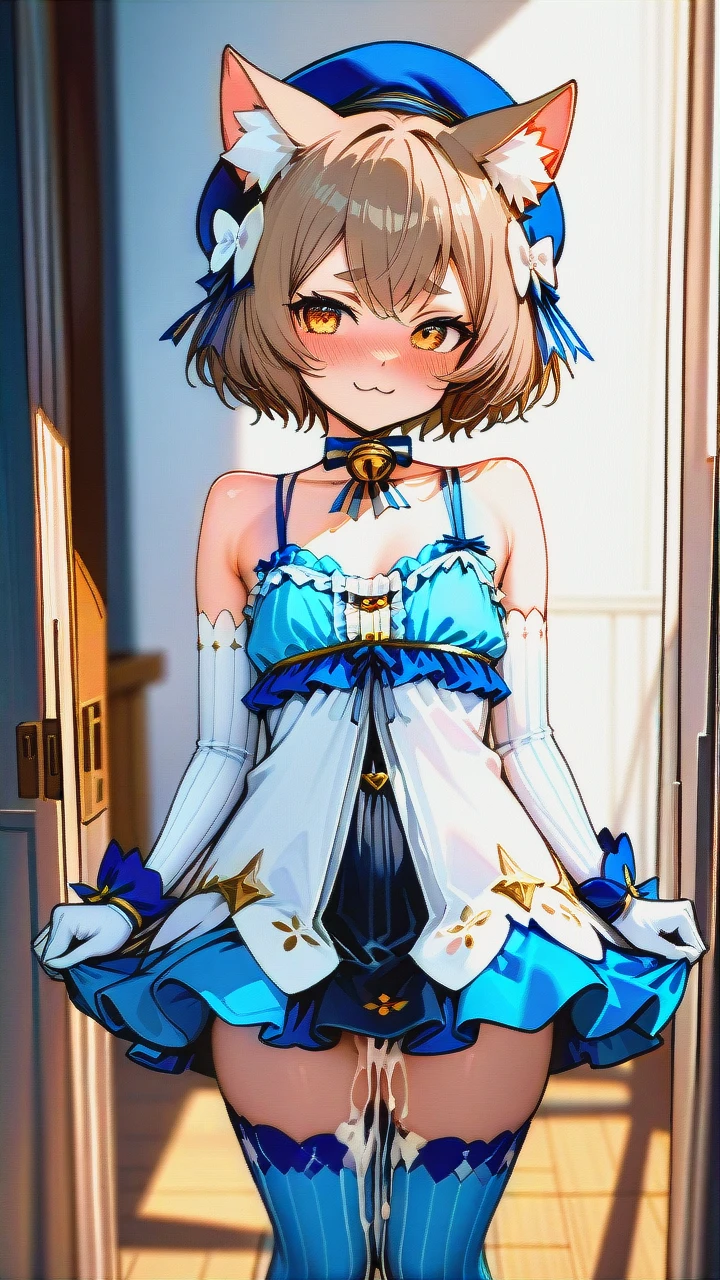 @felix_argyle, cat_ears, (open_dress), cute_hat, high_quality, chocker, (neck_bell), solo, (otoko_no_ko), (smile), (blush), skirt, penis, erection, cute, :3, (cinderella_bust), thighhighs, long_gloves, (cumdrip), (embarrassed), (ejaculation), (implied_yaoi)