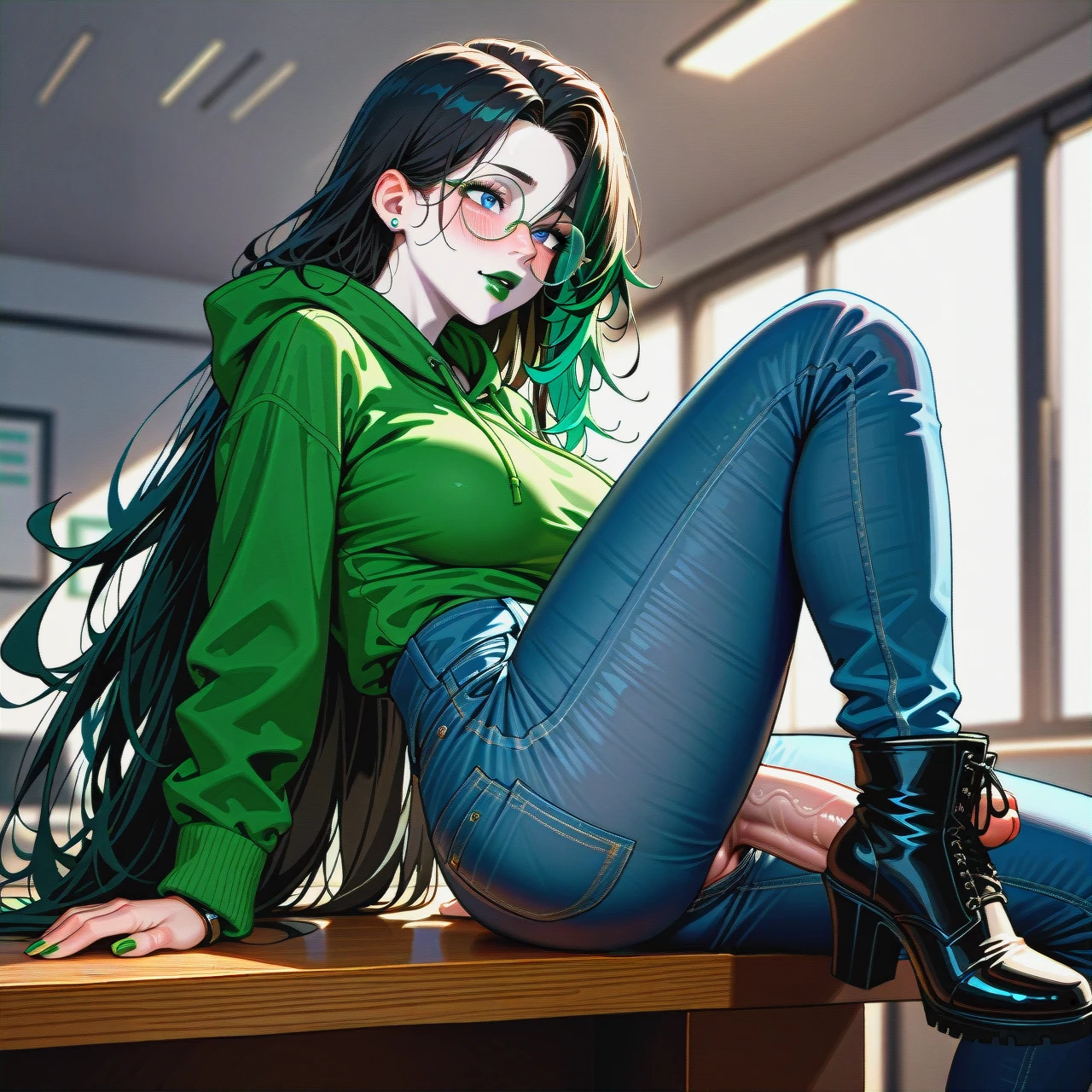 dark black hair, extremly long hair, long hair, very long hair, hair long to the butt, steel frame glasses with large round lenses, , Women's boyfriend jeans with cuffs, very dark green oversized hoodie, (side boobs), pale skin, (futanari), (solo), (lean body:1.3), wasp waist, (hair covering left eye), (exposed cocks:1.2), erected cock, sit on table, one leg up, black ankle boots, office,  blue eyes, blushing, horny, very dark green lipstick, full lips, long green nails