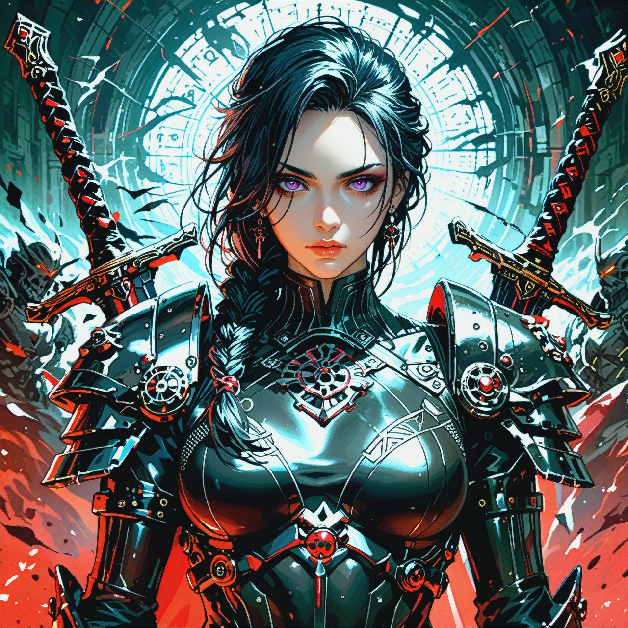 Solo. Red and black forged armor with sharp details. Long black hair gathered in a braid. Sword with a black hilt. Dark purple eyes.