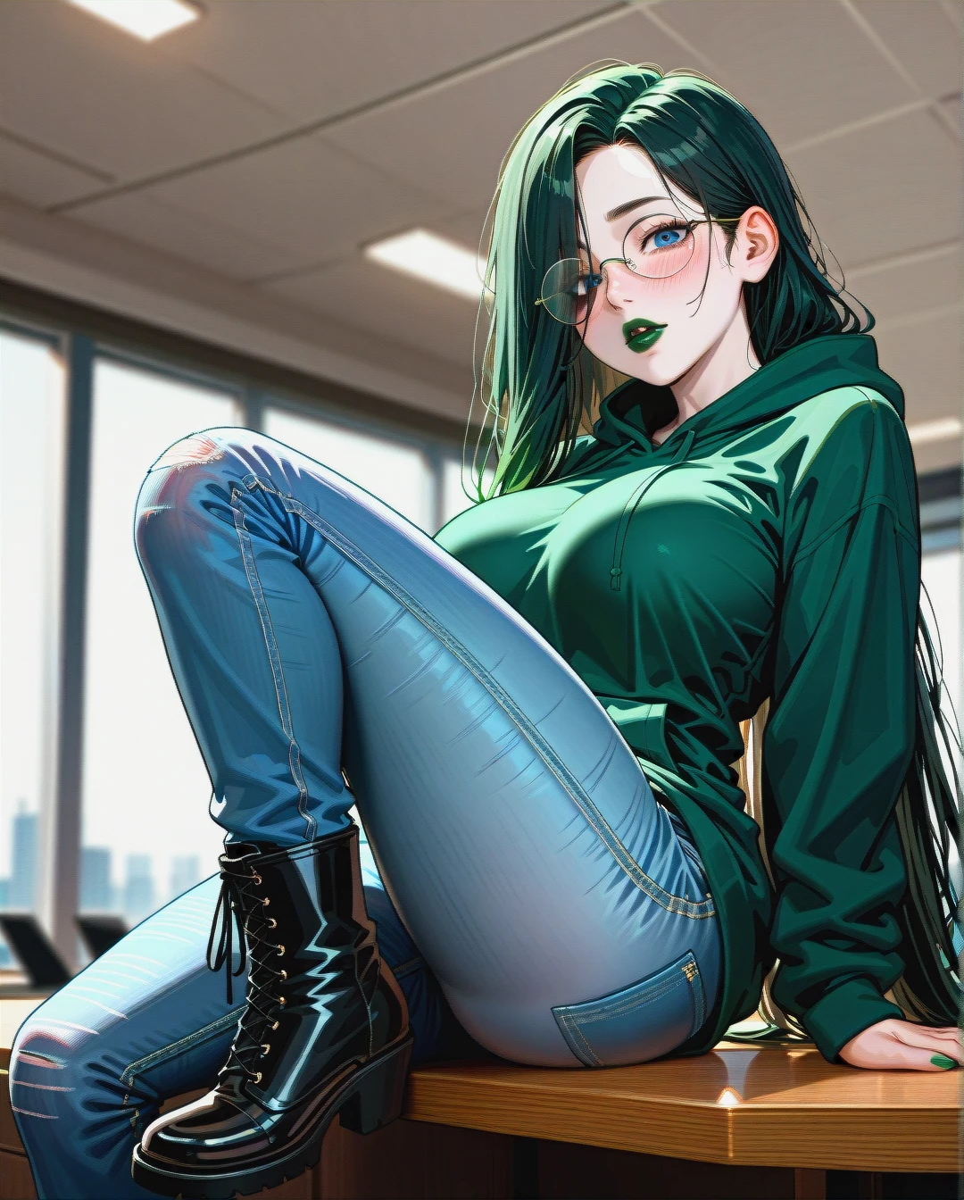 dark black hair, extremly long hair, long hair, very long hair, hair long to the butt, steel frame glasses with large round lenses, Cuffed Boyfriend Jeans For Women, very dark green oversized hoodie, show (breasts_out), shows naked breasts, pale skin, (solo), (lean body:1.0), wasp waist, (hair covering left eye),  sit on table, one leg up, black laced flat boots, office,  blue eyes, blushing, horny, very dark green lipstick, full lips, long green nails