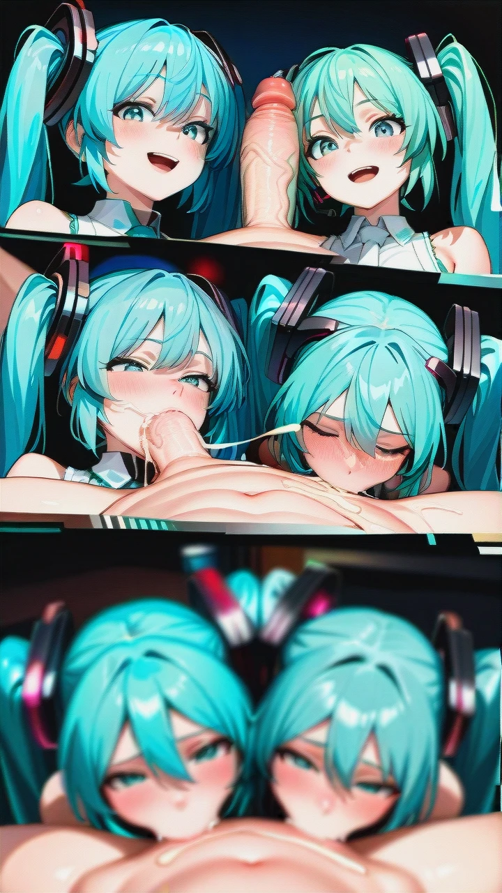 futanari @hatsune_miku, (irrumatio), (futa_with_female), (gangbang), ((full-length)), huge dick, (group_sex), (bukkake), Everyone is visible, ((futa_Hatsune_Miku)), (female_pov), (pov), (multiple_views),  View from two different people, (convenient_head)