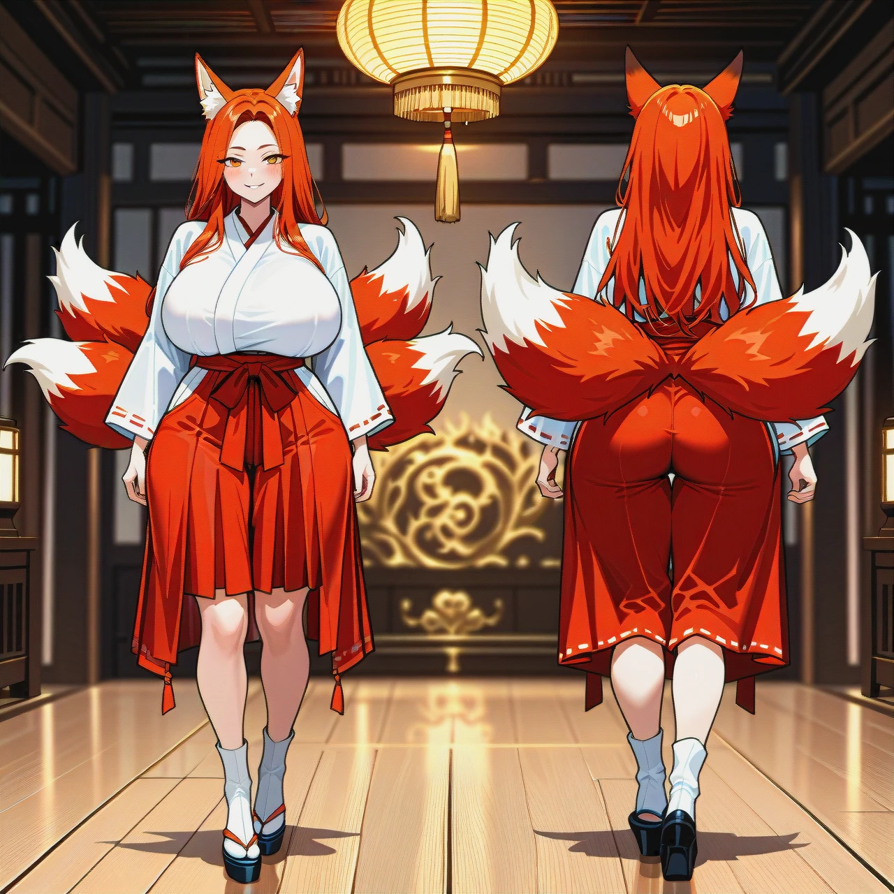 1 girl, milf kitsune, thick thighs, huge breasts, perfect figure, light skin, tall woman, red hair, long hair, orange eyes, seductive smile, full height, miko outfit, white long socks, standing full height, nine fox tails, full body, in the temple, anime style, back view