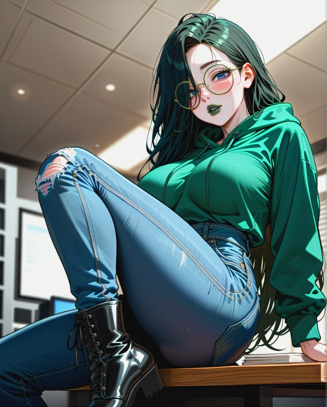 dark black hair, extremly long hair, long hair, very long hair, hair long to the butt, steel frame glasses with large round lenses, Cuffed Boyfriend Jeans For Women, very dark green oversized hoodie, (side boobs), shows naked breasts, pale skin, (solo), (lean body:1.0), wasp waist, (hair covering left eye),  sit on table, one leg up, black laced flat boots, office,  blue eyes, blushing, horny, very dark green lipstick, full lips, long green nails