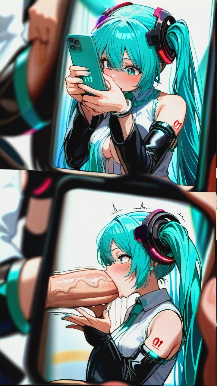 futanari @hatsune_miku, (irrumatio), (futa_with_female), (gangbang), ((full-length)), huge dick, (group_sex), (bukkake), Everyone is visible, ((futa_Hatsune_Miku)), shoots a video on phone, (multiple_views), selfie,