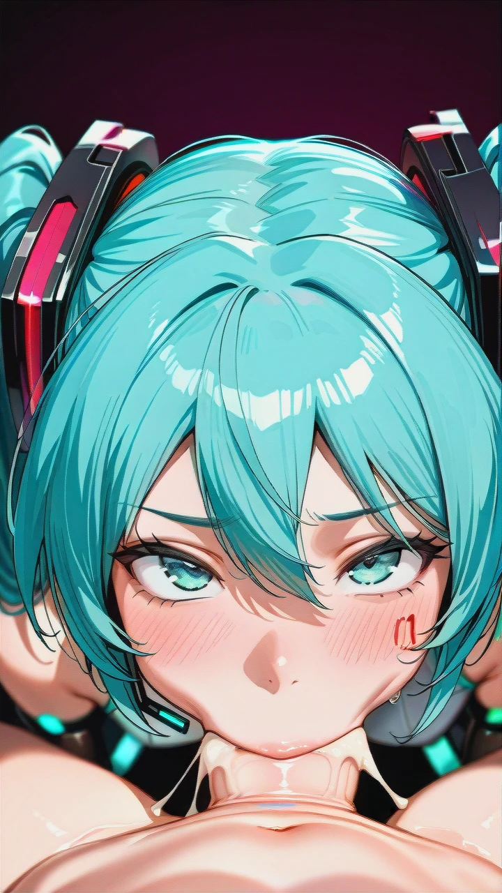 futanari @hatsune_miku, (irrumatio), (futa_with_female), (gangbang), ((full-length)), huge dick, (group_sex), (bukkake), Everyone is visible, ((futa_Hatsune_Miku)), (female_pov), (pov), (multiple_views),  View from two different people