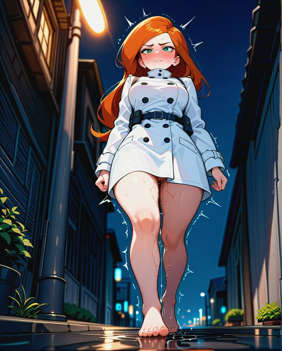 @kim_possible, curvy, trembling, excessive (Pussy_juice), white trench coat, barefoot, (full_body), night, light pole, outdoor, (blush), walking, (from_below), exhibitionism, exhibitionist, nothing_underneath