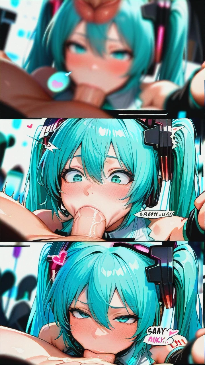 futanari @hatsune_miku, (irrumatio), (futa_with_female), (gangbang), ((full-length)), huge dick, (group_sex), (bukkake), Everyone is visible, ((futa_Hatsune_Miku)), (female_pov), (pov), (multiple_views),  View from two different people