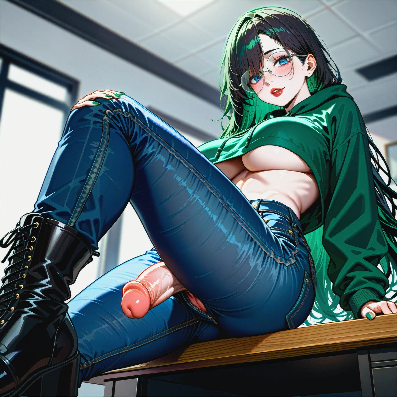 dark black hair,dark black hair,dark black hair,dark black hair, extremly long hair, long hair, very long hair, hair long to the butt, steel silver frame glasses with large round lenses, , Women's boyfriend jeans with cuffs, very dark green oversized hoodie, (side boobs), pale skin, (futanari), (solo), (lean body:1.3), wasp waist, (hair covering left eye), (exposed cocks:1.2), erected cock, sit on table, one leg up, black laced flat boots, office,  blue eyes, blushing, horny, very dark green lipstick, full lips, long green nails, llooking at viewer,