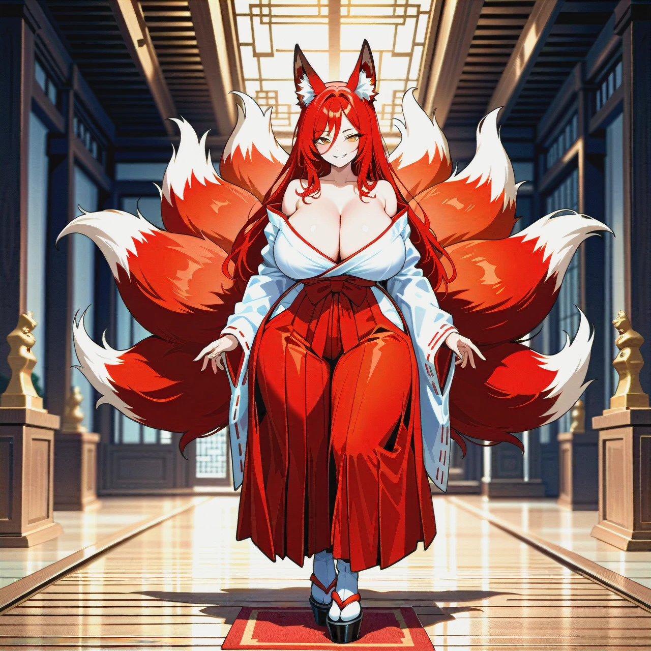 1 girl, milf kitsune, thick thighs, huge breasts, perfect figure, light skin, tall woman, red hair, long hair, orange eyes, seductive smile, full height, white shirt with wide sleeves, deep neckline, off shoulders, bright red hakama, slit on the thighs, tabi, standing full height, nine fox tails, full body, in the temple, anime style, back view