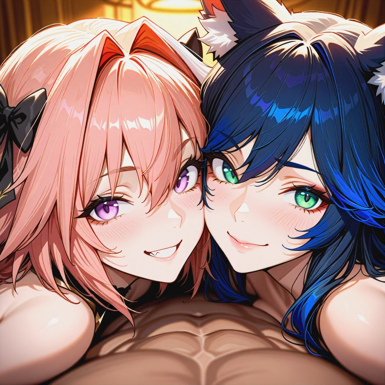 @ahri and @felix_argyle and @astolfo (futanari) (smile) they are cuddling together face to face looking to the screen with their dick hanging