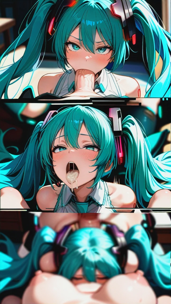 futanari @hatsune_miku, (irrumatio), (futa_with_female), (gangbang), ((full-length)), huge dick, (group_sex), (bukkake), Everyone is visible, ((futa_Hatsune_Miku)), X-ray throat, (female_pov), (pov), (multiple_views),