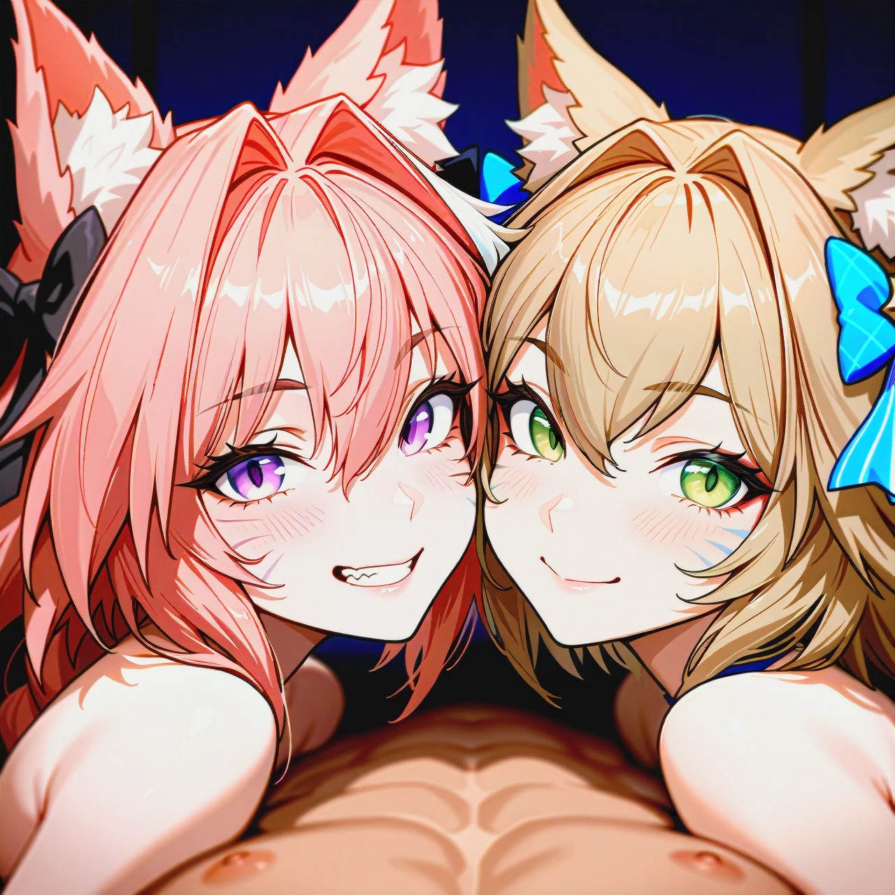 @ahri and @felix_argyle and @astolfo (futanari) (smile) they are cuddling together face to face looking to the screen with their dick hanging