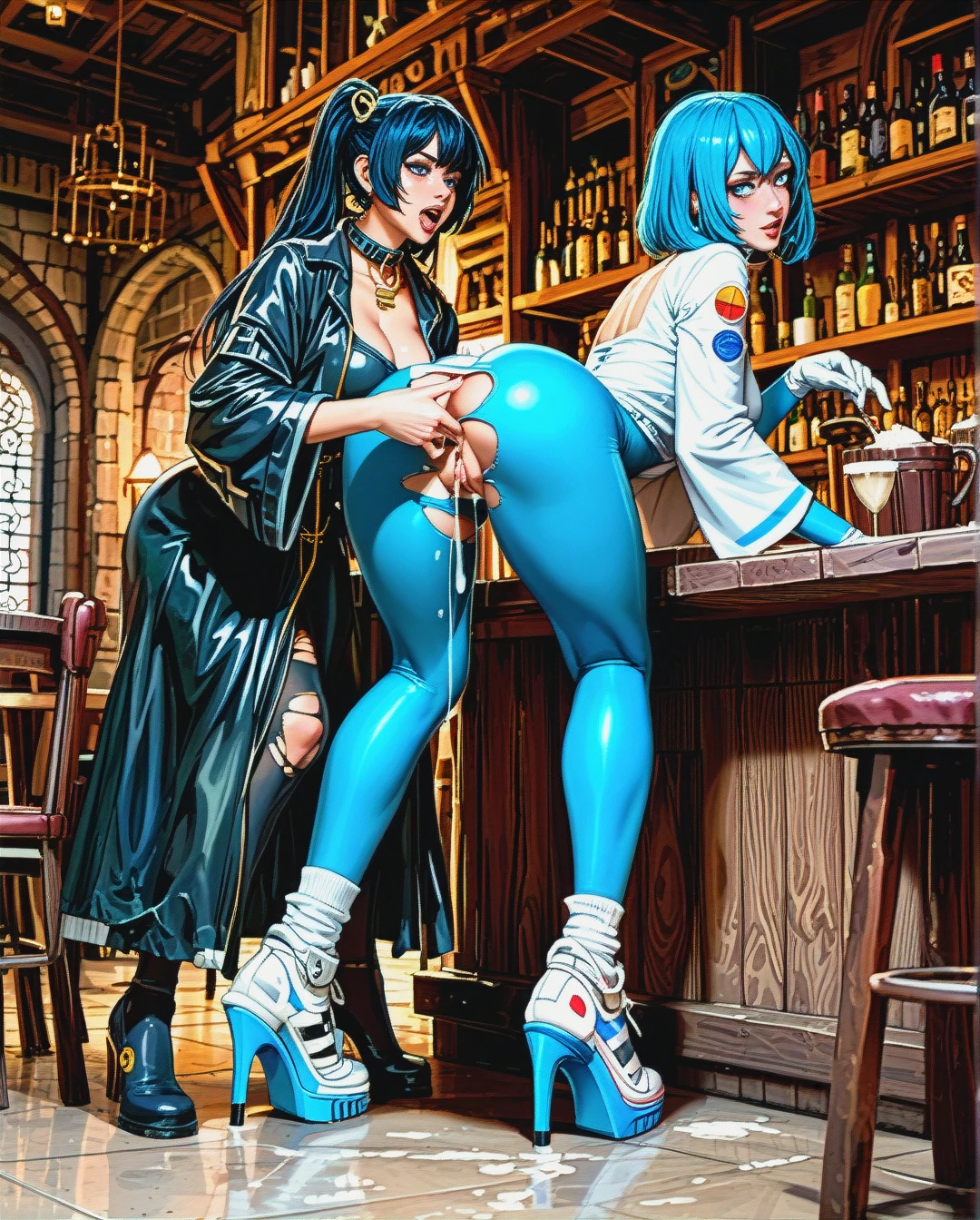 2girl, two girls doggystyle, licking, cum_in pussy, anal_fingering,cum_in nose,shiny_hair,cleavage_cutout,waists, blue_jacket,egyptian_palace,purple_gloves,stiletto_heels, shirt_torn off,tights,dog_collar,cotton_panties,black_sneakers, robe,baggy_socks,mikuhatsune,bodysuit,no_shoes, tavern_setting, @nicole_watterson