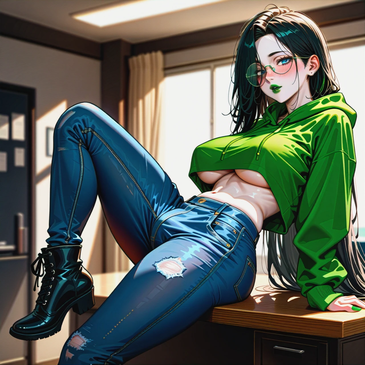 dark black hair, extremly long hair, long hair, very long hair, hair long to the butt, steel frame glasses with large round lenses, , Women's boyfriend jeans with cuffs, very dark green oversized hoodie, (side boobs), pale skin, (futanari), (solo), (lean body:1.3), wasp waist, (hair covering left eye), giant cock, massive cock, huge cock, sit on table, one leg up, black ankle boots, office,  blue eyes, blushing, horny, very dark green lipstick, full lips, long green nails