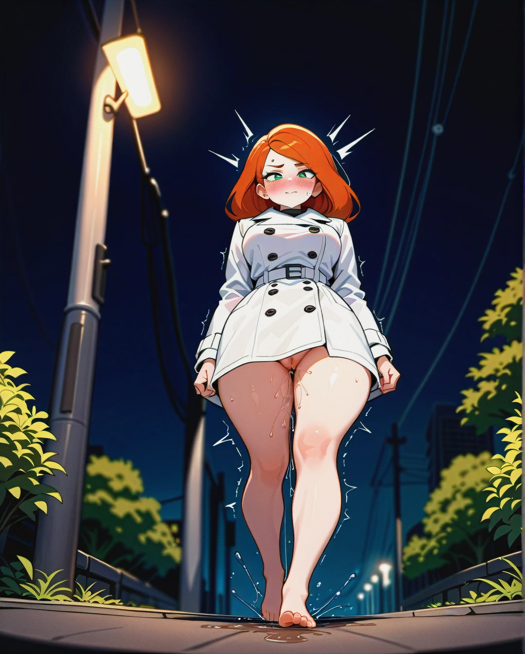 @kim_possible, curvy, trembling, excessive (Pussy_juice), white trench coat, barefoot, (full_body), night, light pole, outdoor, (blush), walking, (from_below), exhibitionism, exhibitionist, nothing_underneath