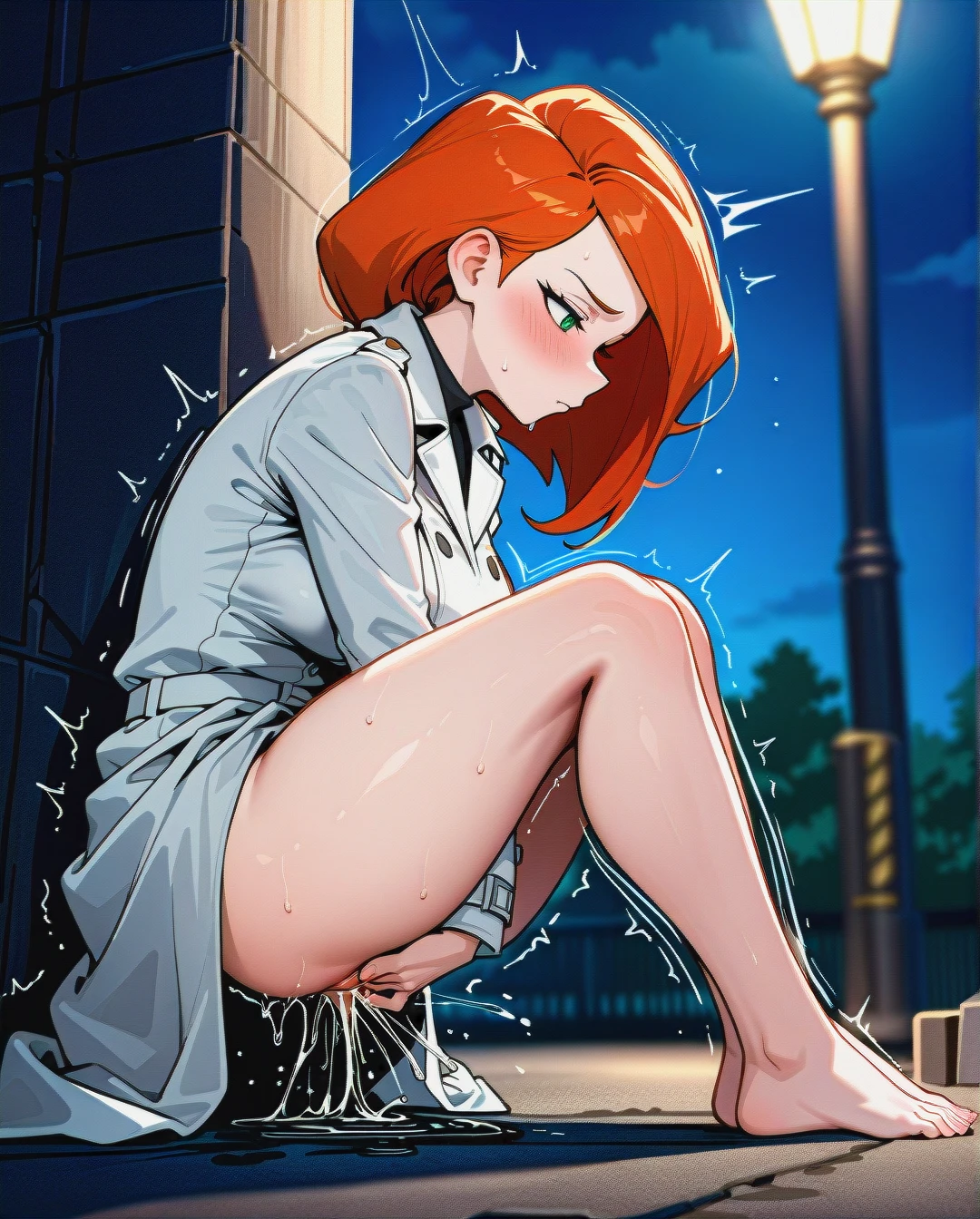 @kim_possible, curvy, trembling, excessive (Pussy_juice), white trench coat, barefoot, (full_body), night, resting on light pole, outdoor, (blush), exhibitionism, exhibitionist, nothing underneath, fingering