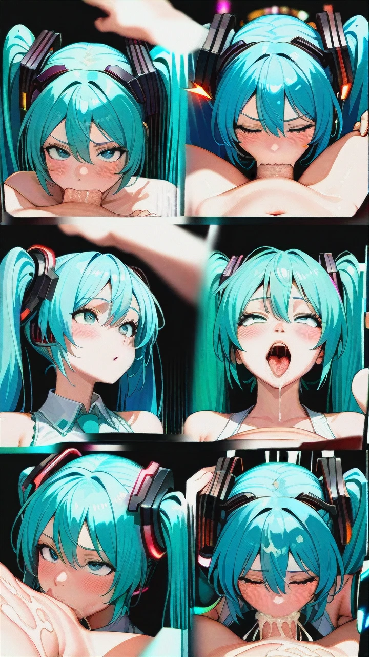 futanari @hatsune_miku, (irrumatio), (futa_with_female), (gangbang), ((full-length)), huge dick, (group_sex), (bukkake), Everyone is visible, ((futa_Hatsune_Miku)), (female_pov), (pov), (multiple_views),  View from two different people, (convenient_head) side view,