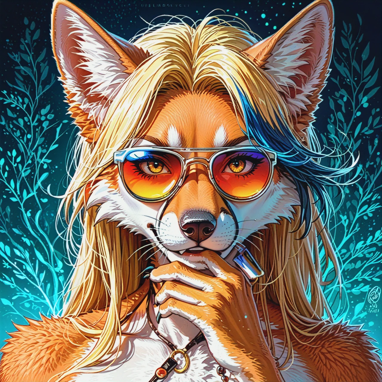 A stylized anthropomorphic fox girl,  with vibrant, almost hyperrealistic fur, wearing sunglasses.  The fox has blonde hair, bright golden eyes, and a mischievous expression.  The fur is a mix of warm orange and tawny tones, detailed with highlights suggesting light reflecting off the fur.  The sunglasses have a teal and lavender gradient. Her pose is slightly suggestive, hand near her mouth, subtle details in fur shading highlight the fox's body structure. The background is a circular spectrum of colors fading from red to orange, yellow, green, blue and indigo, forming concentric rings with a dark background.  The composition is similar to a stylized anime or digital illustration, focused on character design and dynamic posing, with bold highlights and shadows.   Impressionistic brushwork is blended with detailed depiction of fur and facial features.furry