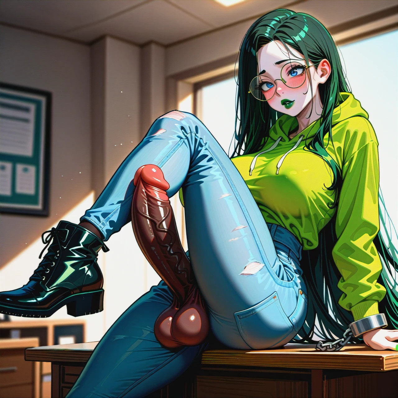 dark black hair, extremly long hair, long hair, very long hair, hair long to the butt, steel frame glasses with large round lenses, , Cuffed Boyfriend Jeans For Women, very dark green oversized hoodie, (side boobs), show boobs, pale skin, (futanari), (solo), (lean body:1.3), wasp waist, (hair covering left eye), show cock, giant cock, massive cock, huge cock, sit on table, one leg up, black ankle boots, office,  blue eyes, blushing, horny, very dark green lipstick, full lips, long green nails