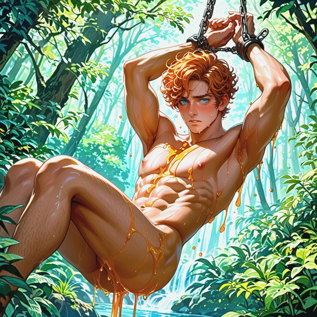 Man (cuntboy) curly ginger hair blue eyes cooked on a spit, shy, blush, covered in honey, without limbs, naked, in forest, tied, (bondage) in air