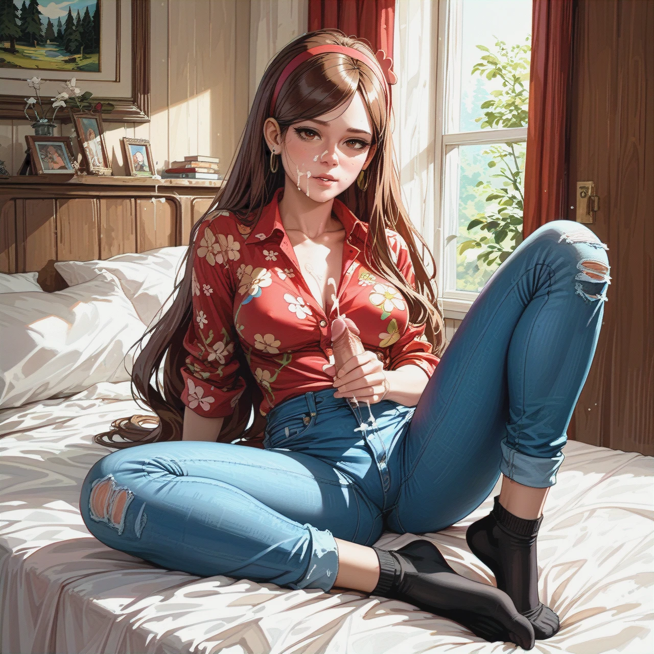 @mabel_pines, jeans, black ankle socks, floral shirt, seated on the edge of bed, handjob, cum, morning