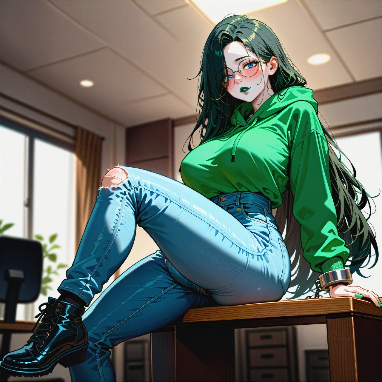 dark black hair, extremly long hair, long hair, very long hair, hair long to the butt, steel frame glasses with large round lenses, , Cuffed Boyfriend Jeans For Women, very dark green oversized hoodie, (side boobs), show boobs, pale skin, (futanari), (solo), (lean body:1.3), wasp waist, (hair covering left eye), show cock, giant cock, massive cock, huge cock, sit on table, one leg up, black ankle boots, office,  blue eyes, blushing, horny, very dark green lipstick, full lips, long green nails