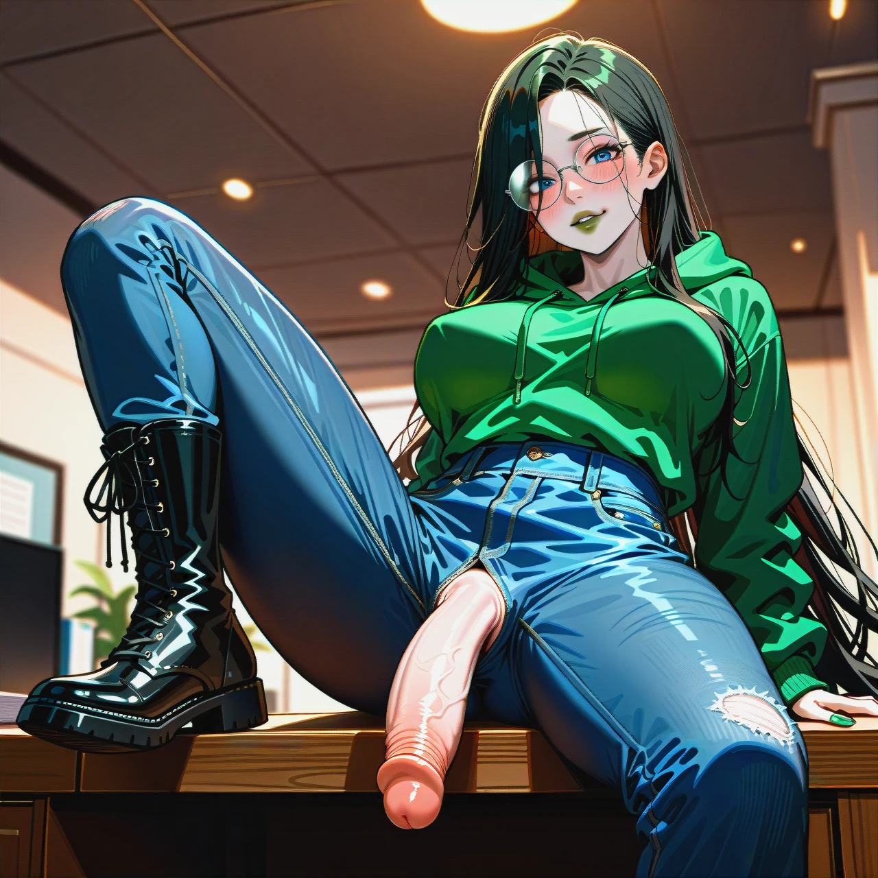 dark black hair,dark black hair,dark black hair,dark black hair, extremly long hair, long hair, very long hair, hair long to the butt, steel silver frame glasses with large round lenses, , Women's boyfriend jeans with cuffs, very dark green oversized hoodie, (side boobs), pale skin, (futanari), (solo), (lean body:1.3), wasp waist, (hair covering left eye), (exposed cocks:1.2), erected cock, sit on table, one leg up, black laced flat boots, office,  blue eyes, blushing, horny, very dark green lipstick, full lips, long green nails, llooking at viewer, spread_legs,