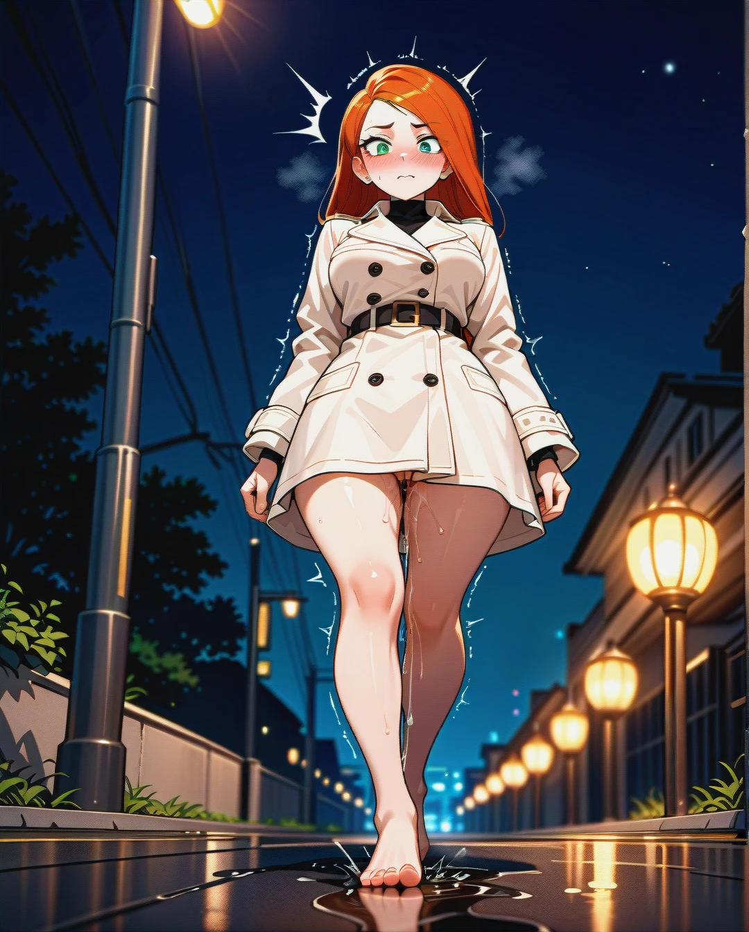 @kim_possible, curvy, trembling, excessive (Pussy_juice), white trench coat, barefoot, (full_body), night, light pole, outdoor, (blush), walking, (from_below), exhibitionism, exhibitionist, nothing_underneath