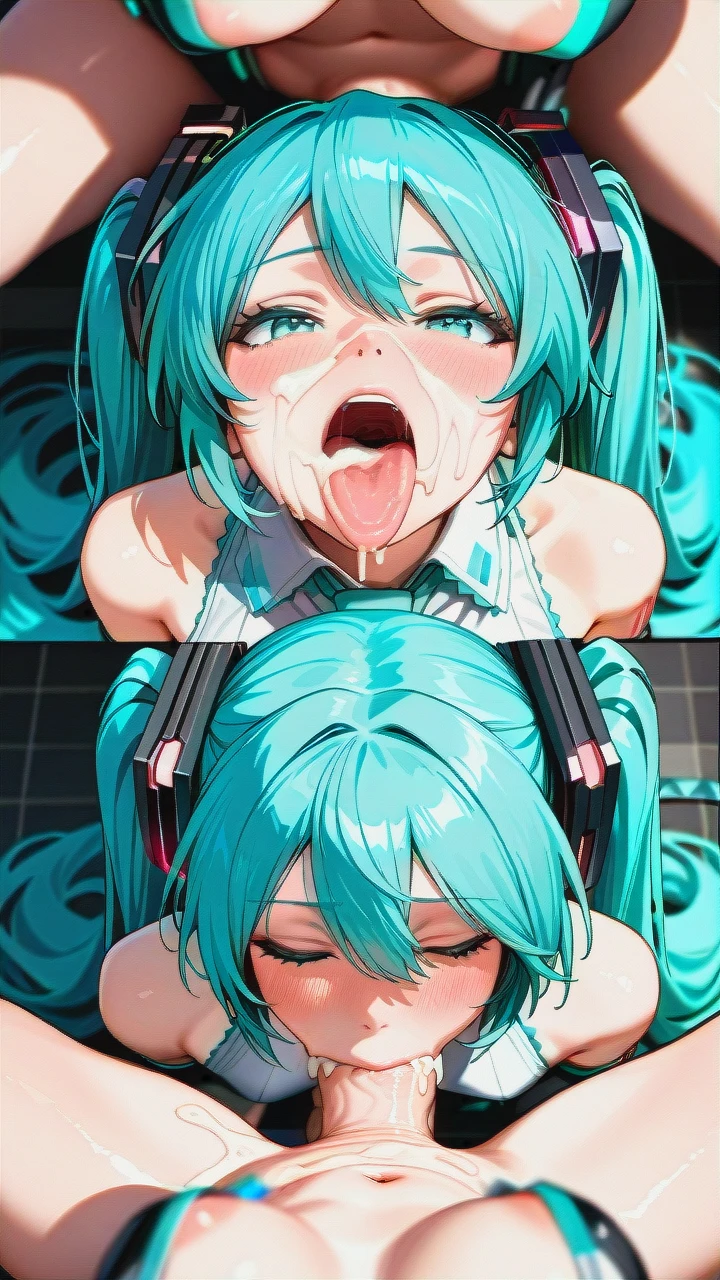 futanari @hatsune_miku, (irrumatio), (futa_with_female), (gangbang), ((full-length)), huge dick, (group_sex), (bukkake), Everyone is visible, ((futa_Hatsune_Miku)), (female_pov), (pov), (multiple_views),  View from two different people