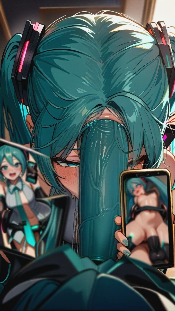 futanari @hatsune_miku, (irrumatio), (futa_with_female), (gangbang), ((full-length)), huge dick, (group_sex), (bukkake), Everyone is visible, ((futa_Hatsune_Miku)), shoots a video on phone, (multiple_views), selfie,