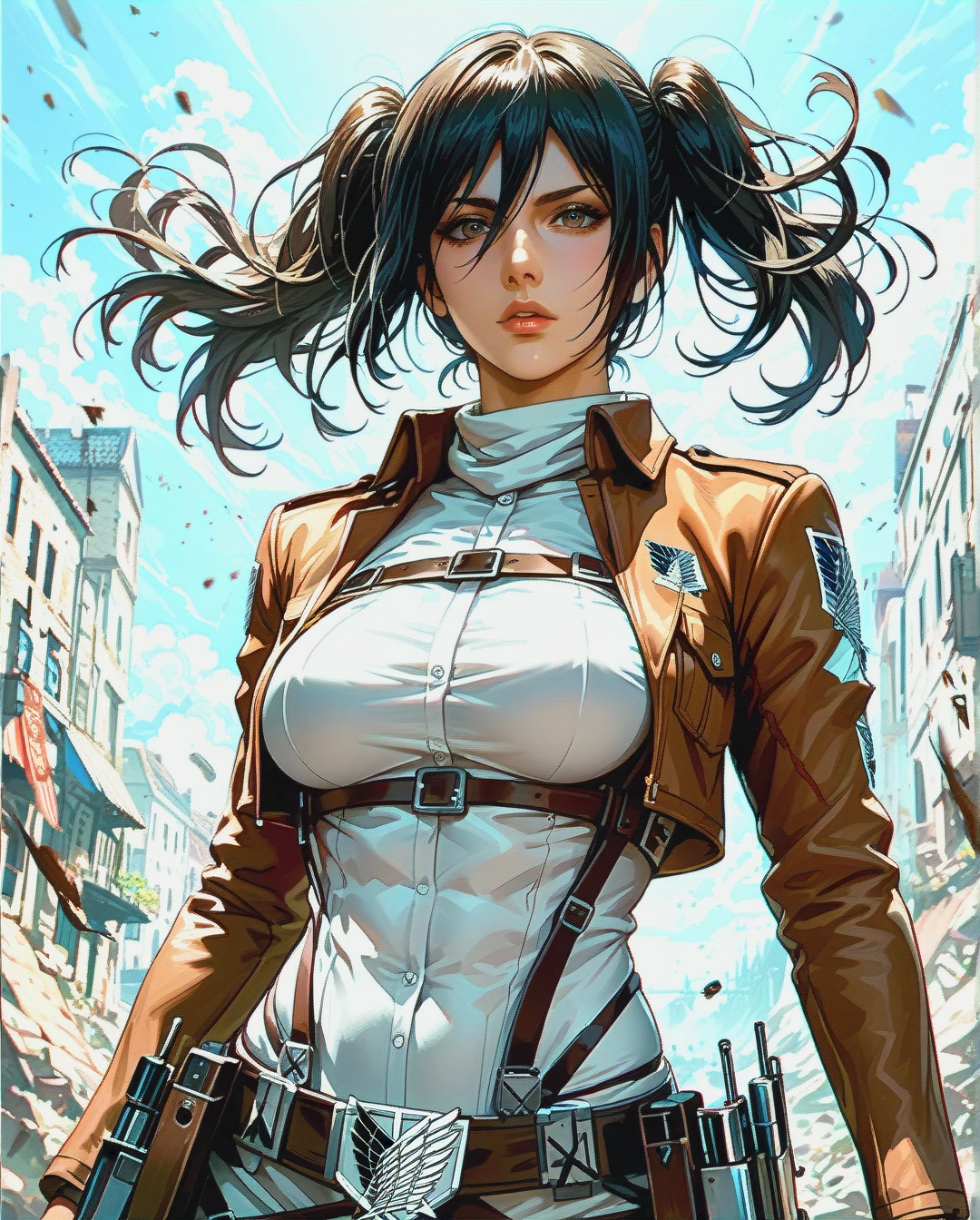 mikasa ackerman, mature, attack on Titan ,sexy clothes,twintails hairstyle