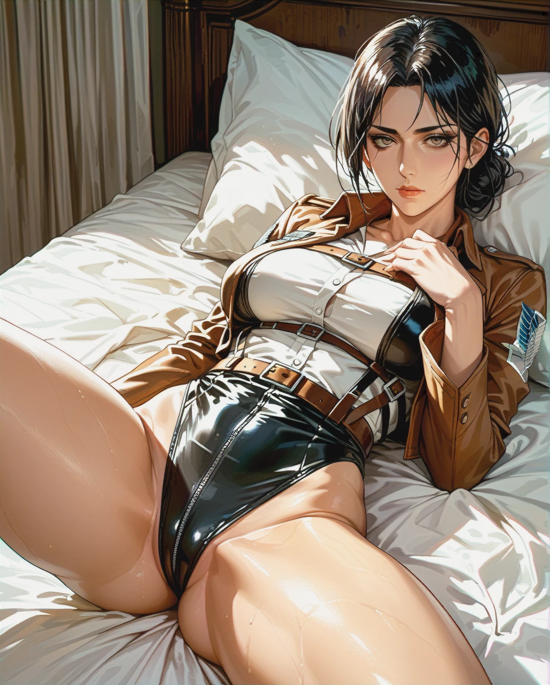 Jang sun young, mature, attack on Titan sexy clothes, lying down on bed, shaved, legs spread,