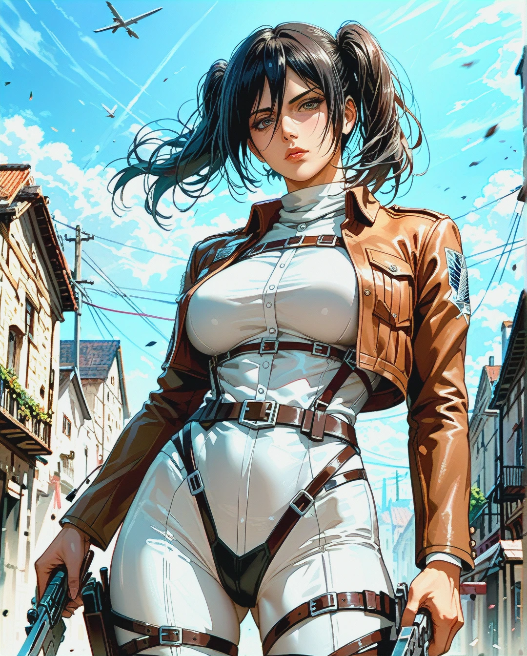 mikasa ackerman, mature, attack on Titan ,sexy clothes,twintails hairstyle