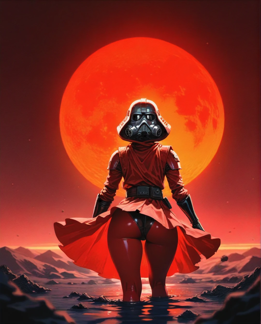 nightsister from star wars, clothed, upskirt, red clothes, on polluted red planet, dathomir, big thighs