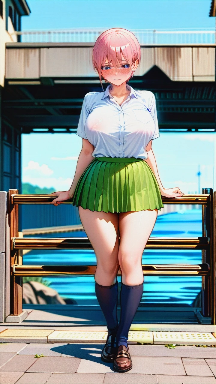 @nakano_ichika, one boy,one girl,uncensored,big breasts,embarrassed,wearing school uniform,wearing skirt,sweet,full blush ,orgasm,well proportioned body,high quality,cheerful,full body view, she lies on back,she raises hips like on a bridge,boy lifts her hips,fuck from bottom