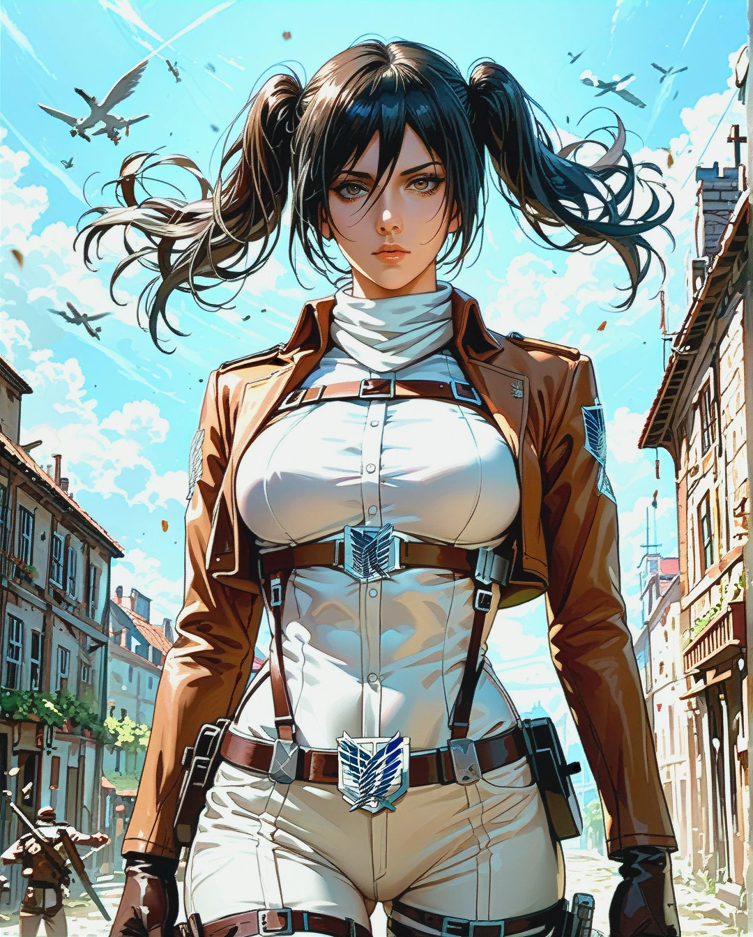 mikasa ackerman, mature, attack on Titan ,sexy clothes,twintails hairstyle