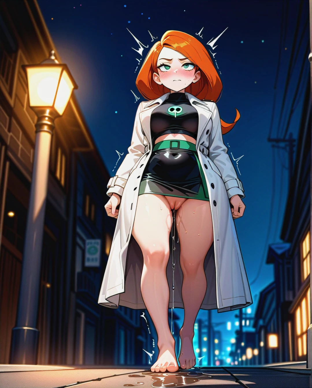 @kim_possible, curvy, trembling, excessive (Pussy_juice), white trench coat, barefoot, (full_body), night, light pole, outdoor, (blush), walking, (from_below), exhibitionism, exhibitionist, no_bra