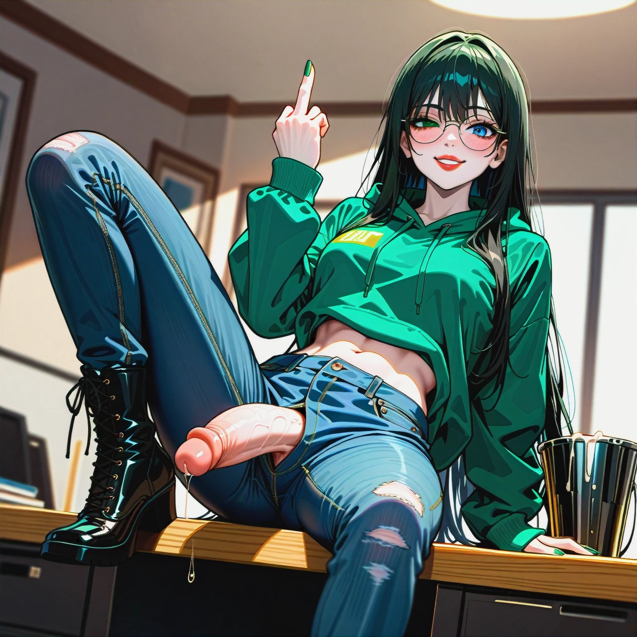 dark black hair,dark black hair,dark black hair,dark black hair,dark black hair, extremly long hair, long hair, very long hair, hair long to the butt, steel frame glasses with large round lenses, Women's boyfriend jeans with cuffs, very dark green oversized hoodie, lifted up hoodie , pale skin, (futanari), (solo), (lean body:1.3), wasp waist, (hair covering left eye), (exposed cocks:1.0), sit on table, one leg up, (spread_legs) black flat boots, office, blue eyes, blushing, horny, very dark green lipstick, full lips, smile, long green nails, look at viewer, cumming cock, cock cumming, cumming cock in cocktail bucket, hands middle finger, right hand middle finger up, left hand middle finger up, long distance