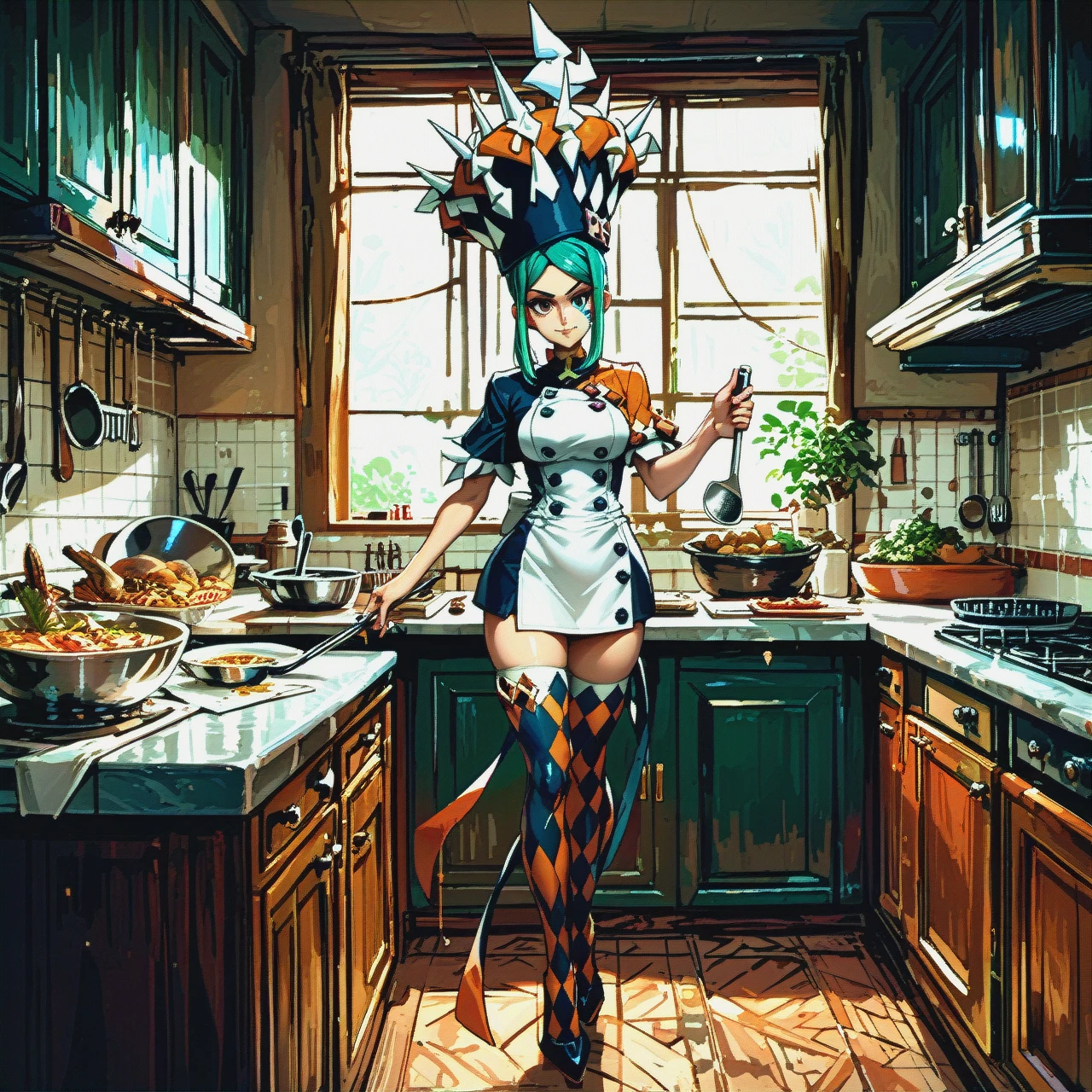 @cerebella in a chef's hat, ladle in hand, stockings, high heel, cooking in the kitchen.