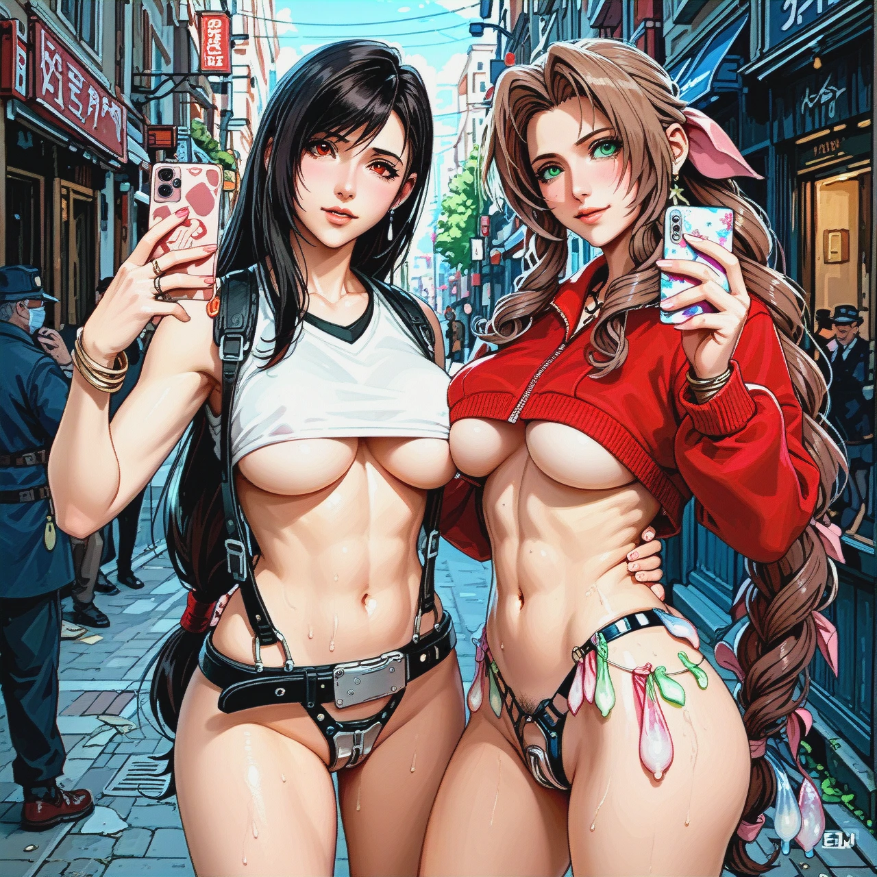 2 girls, Tifa and Aerith, anime, prostitute sluts, prostituting themselves taking a selfie, anal penetrated by old men, underboob, chastity belt, pubic hair, used condoms in their belt, in an hotel entrance,