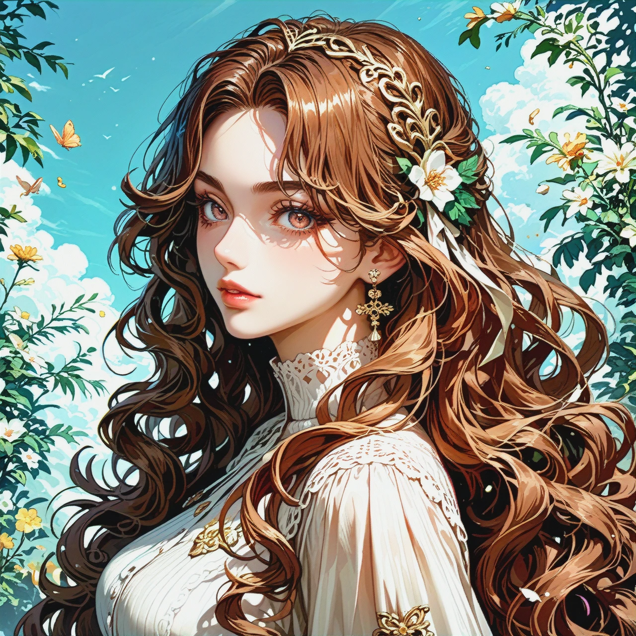 Girl, Tall, curvy with soft, rounded contours reminiscent (profile) a "plush" figure. Long, wavy brown hair with (on_back) streaks. Honey-colored eyes framed by thick eyelashes.