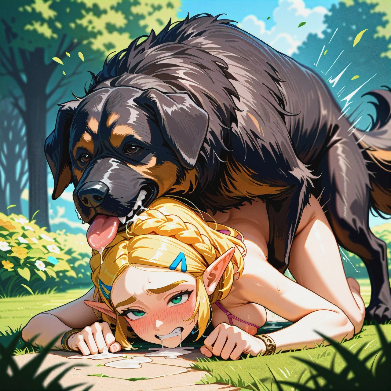 @princess_zelda, sex with feral dog, white feral dog, (sex_from_behind), (prostration), (clenched_teeth), (drooling), (full-face_blush), garden, front view, tongue on hair, huge feral dog, giant feral dog, hard pink nipples