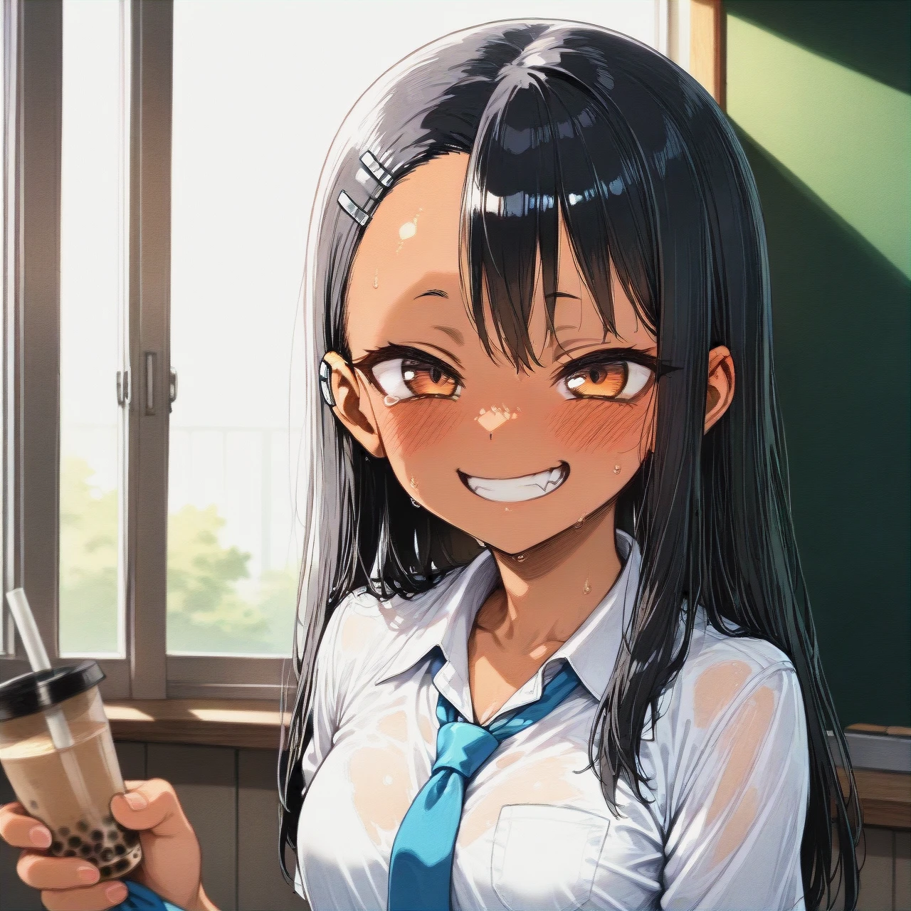 @nagatoro_hayase school uniform (bubble_tea_challenge)    (necktie_grab) her, in a school