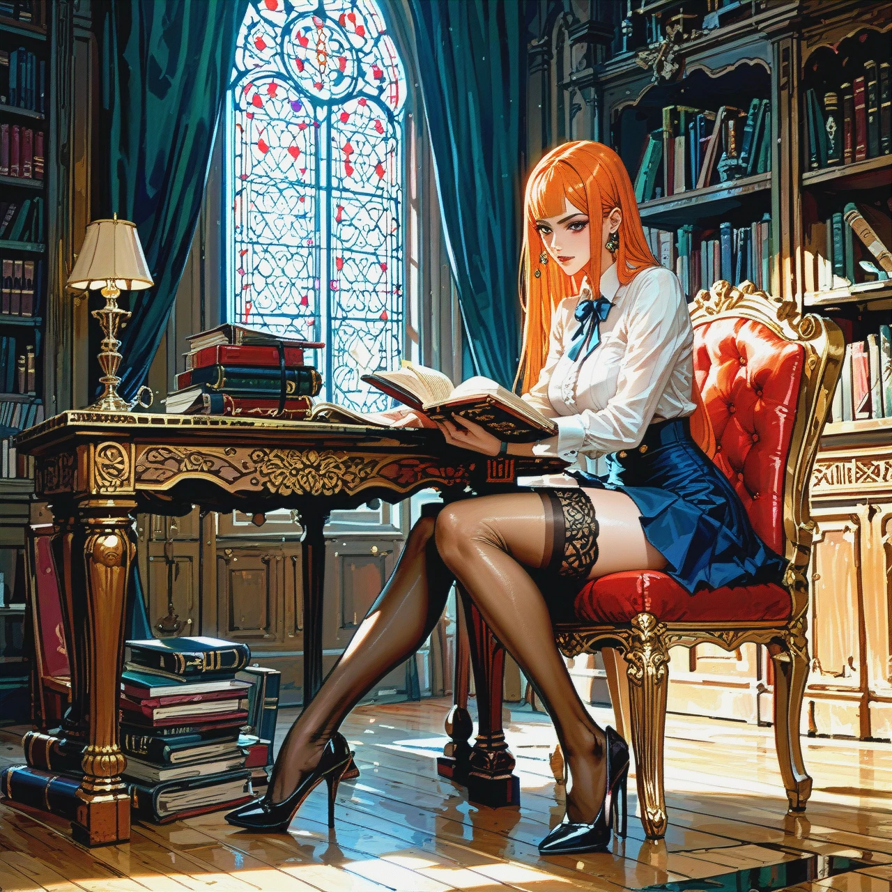 Cerebella is sitting at the table and reading a book, stockings, high-heeled Library