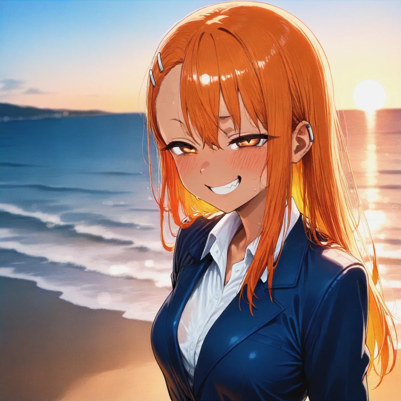 Gamo-chan from anime Ijiranaide Nagatoro, beach, orange hair, (naughty_face), school suit